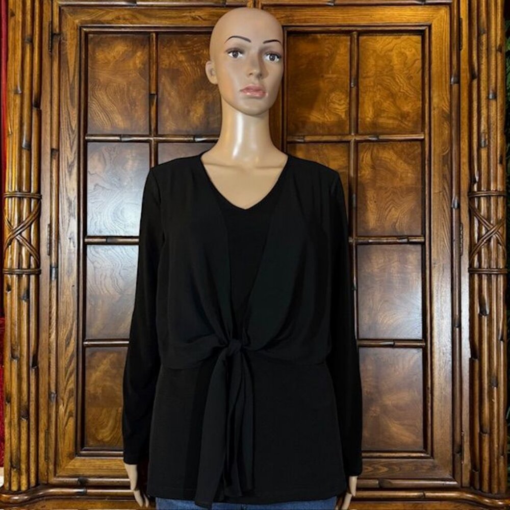 Susan Graver Black Chiffon Tie Front Overlay Vneck Top
